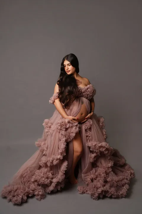 Mauve ruffled tulle gown