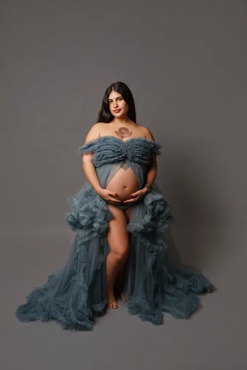 Steel blue tulle gown